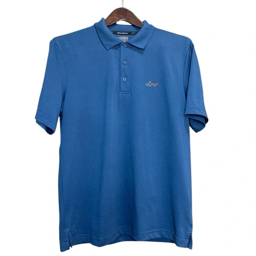 Greg Norman Polo Shirt Men's Sz M Blue Golf Short Sleeve Shark Logo Embossed